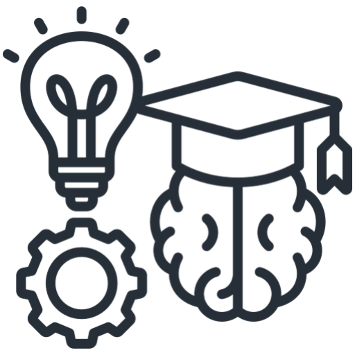 Brain, gear, lightbulb, and graduation cap icons.