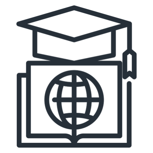 Graduation cap and globe on book icon.