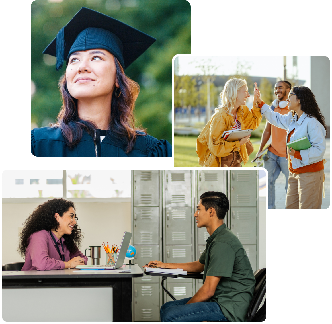 Graduation, students celebrating, and counseling session. Graduation, students celebrating, and counseling session.