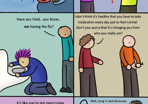 Comic strip illustrating burnout and recovery through self-care, therapy, and rest.