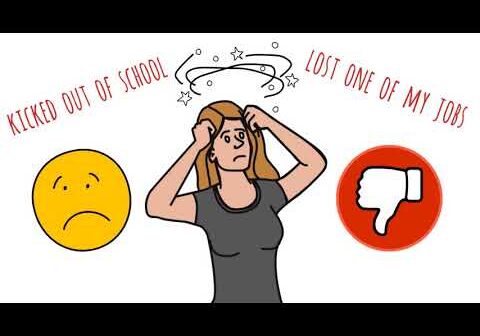 Frustrated woman dealing with confusion and rejection symbols.