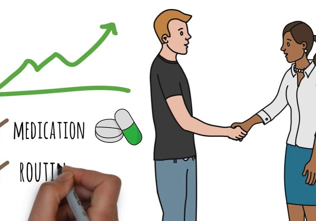 Illustration of medication and a man holding a hammer with a rising graph.